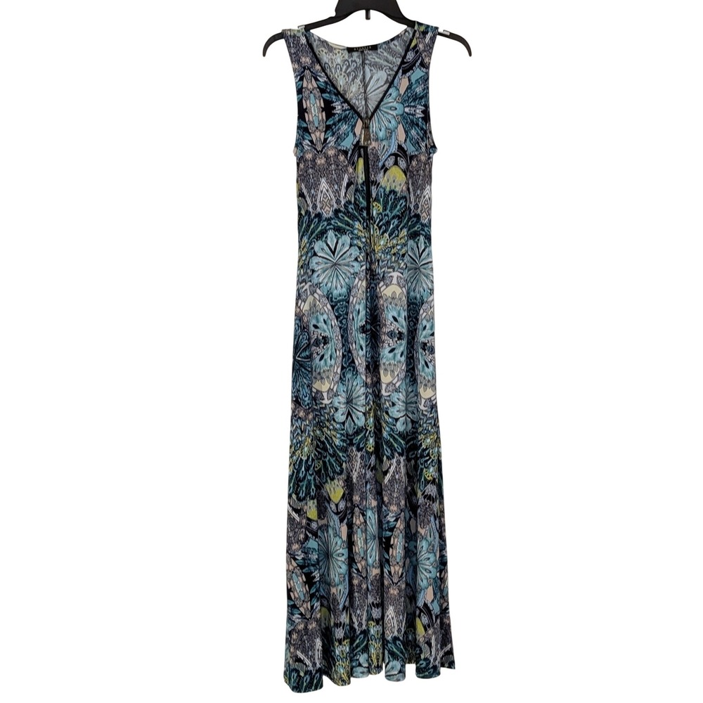 Ariella Teal‎ Peacock Print Maxi Dress Sleeveless V-Neck Zip Boho Small NWOT